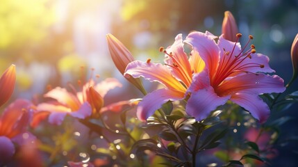 A vibrant, colorful flower swaying gently in the breeze, bathed in warm sunlight, inviting feelings of serenity. - obrazy, fototapety, plakaty