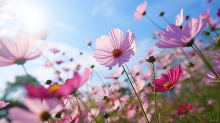 A vibrant field of cosmos flowers, their petals dancing in the breeze, evoking a sense of celestial...