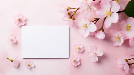 White blank sheet or flyer on the table with a blossoming cherry twig. Spring floral banner concept with free space for text.