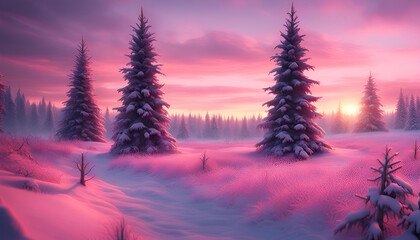 A snow-covered winter field with frost-covered fir trees is illuminated by the pink light of sunset. - 678660634