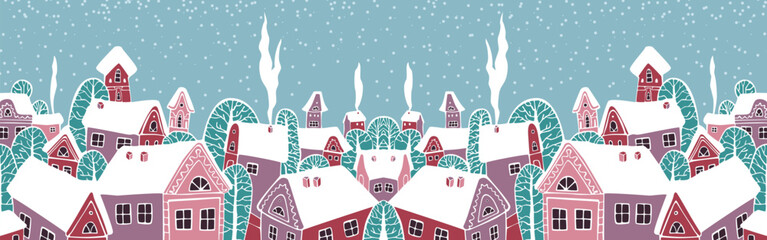 Obraz premium Cute Christmas and winter houses. Snowy night in cozy Christmas town city panorama. Winter village night landscape Christmas outdoor decorations.