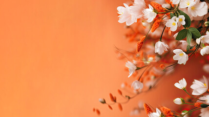 Large beautiful flower branches on an orange background. Empty space for product placement or advertising text.