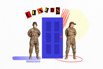 Collage portrait of two focused military girls security guards protect painted doors isolated on...