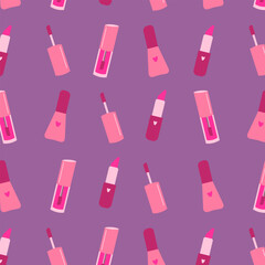 Cosmetic seamless pattern, seamles print with pink lipstick, nail polish. Trendy pink vector pattern