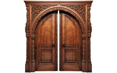 Exquisite Carved Wooden Door Design On Transparent Background.