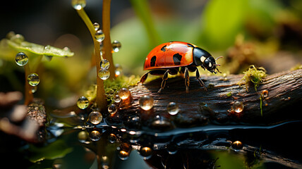 beautiful ladybug on leaf defocused background