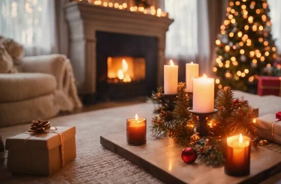 christmas tree with fireplace and gifts