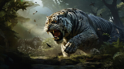a majestic predator tiger with a wild look is roaring in the wild forest created with Generative Ai