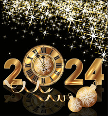 Happy New 2024 year Merry Christmas greeting card with clock,	
vector illustration
