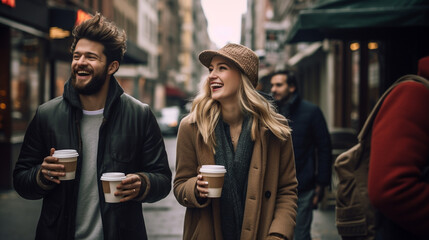 Stock photograph of couple of men and women on the street drinking coffee