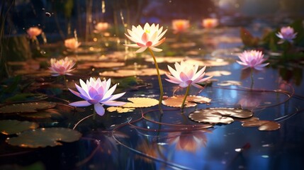 A water lily pond in the soft light of evening, with the blossoms appearing as radiant jewels in...