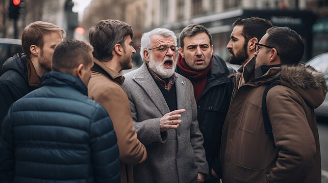 Stock photograph of group of men in a bar arguing.