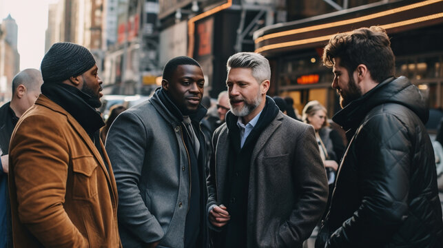 Stock photograph of group of men on the street talking