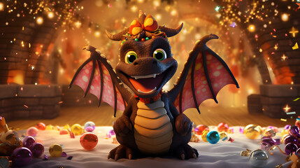 Fototapeta premium Cheerful Animated Dragon with Party Hat in Festive Treasure Lair