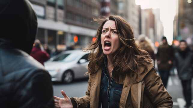 Stock photograph of one woman on the street arguing