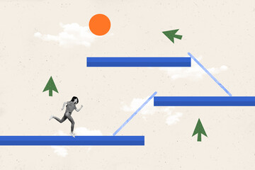 Exclusive magazine picture sketch collage image of purposeful lady running achieving success step...