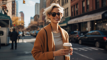 Obraz premium Stock photograph of one woman on the street drinking coffee