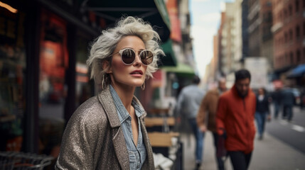 Stock photograph of one woman on the street talking