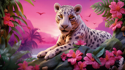 a gentle tiger lies and looks at the camera with a slight pink tint in the wild created with Generative Ai