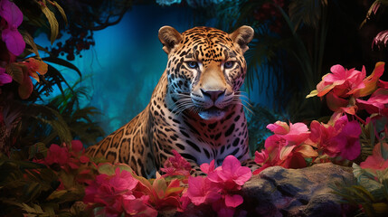 a gentle tiger lies and looks at the camera with a slight pink tint in the wild created with Generative Ai