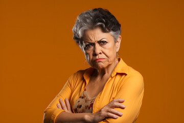 skeptic scowl senior Latin American woman, head and shoulders portrait on orange background. Neural network generated photorealistic image - obrazy, fototapety, plakaty