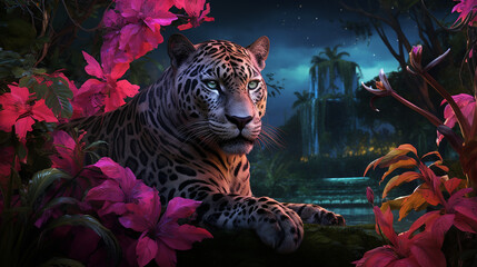 a gentle tiger lies and looks at the camera with a slight pink tint in the wild created with Generative Ai