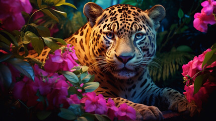 a gentle tiger lies and looks at the camera with a slight pink tint in the wild created with Generative Ai