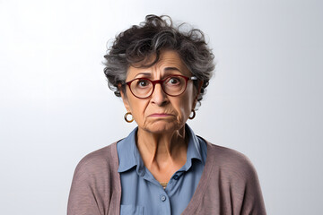 scowl senior Latin American woman, head and shoulders portrait on white background. Neural network generated photorealistic image