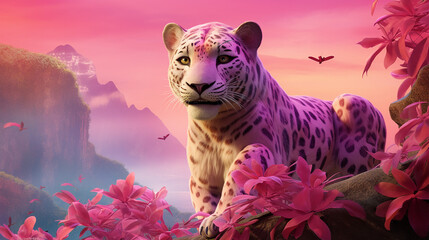 a gentle tiger lies and looks at the camera with a slight pink tint in the wild created with Generative Ai