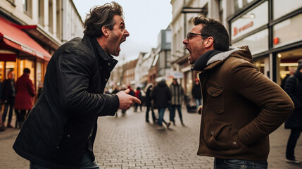 Stock photograph of couple of men on the street arguing - obrazy, fototapety, plakaty