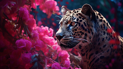 a gentle tiger lies and looks at the camera with a slight pink tint in the wild created with Generative Ai