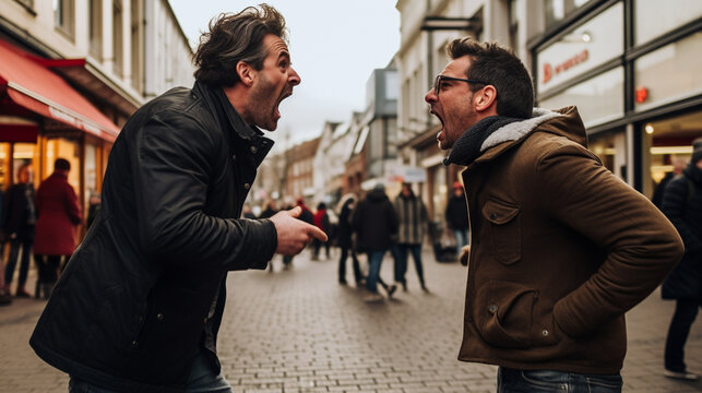 Stock photograph of couple of men on the street arguing