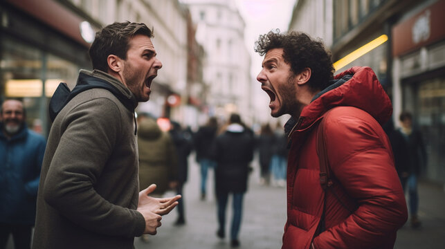 Stock photograph of couple of men on the street arguing