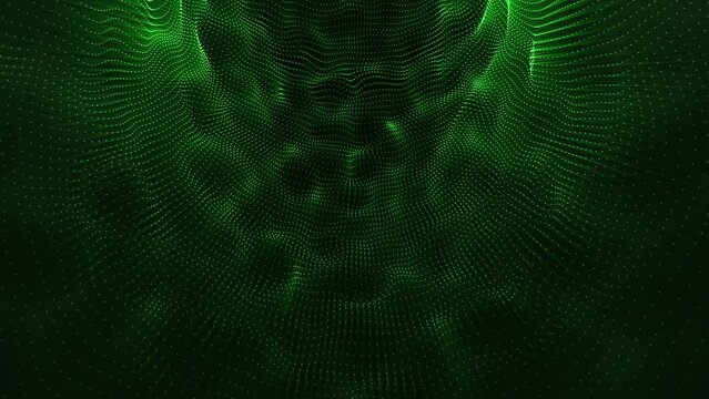 Abstract wavy field made of glowing green particles on a dark background , looped video, 4k , 60 fps