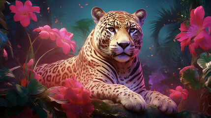 a gentle tiger lies and looks at the camera with a slight pink tint in the wild created with Generative Ai