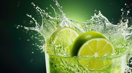 Zesty lime juice soda, Crisp and refreshing, it splashes over crushed ice against a vibrant green backdrop