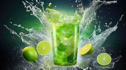 Refreshing lime juice soda in a glass, ice crashing, creating a frozen splash against a majestic glacier backdrop - obrazy, fototapety, plakaty