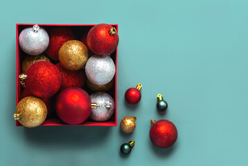 Christmas concept background. Top view of christmas gifts box with christmas balls with space for text