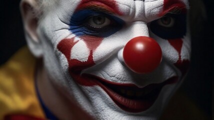 close-up portrait of scary clown against dark background with space for text, AI generated, background image