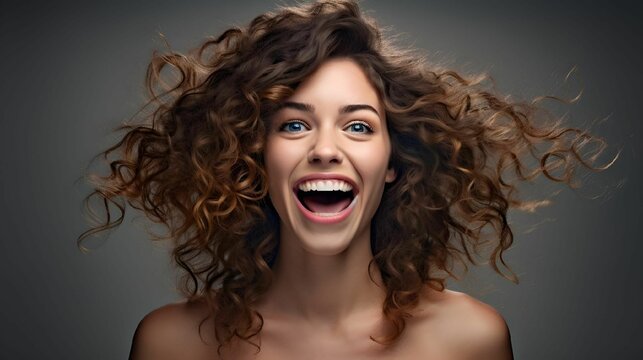 smiling woman with curly hair holding scissors and combing her long hair
