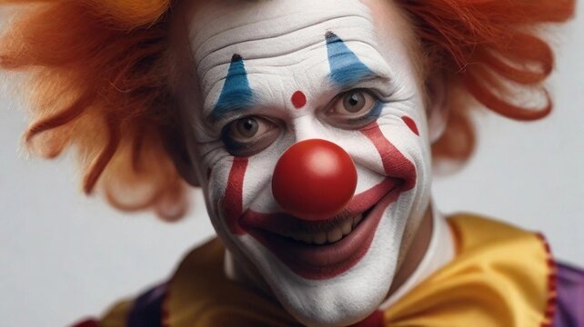 close-up portrait of funny clown against white background with space for text, AI generated, background image