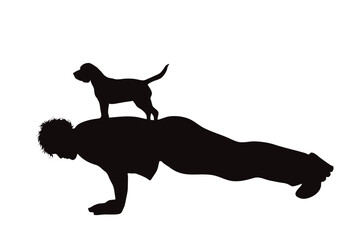 Vector silhouettes of boy dancing with his dog on white background. Symbol of pet and canine.