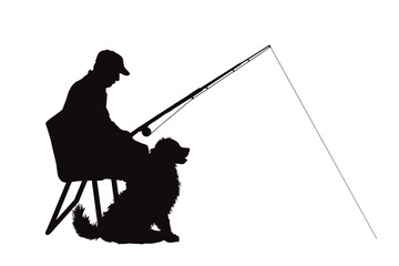 Vector silhouette of man fishing with his dog. Symbol of sport and nature. - 678663606