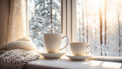 Cup of coffee on the windowsill, scarf on the background of the window
