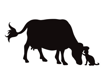 Vector silhouette of cow with cat on white background. Symbol of farm.