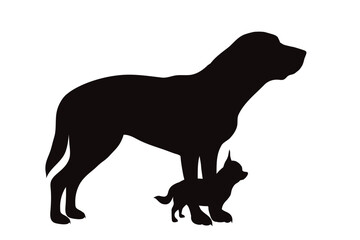 Vector silhouette of Labrador and Chihuahua on white background. Symbol of pet and dog.