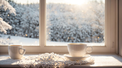 Cup of coffee on the windowsill, scarf on the background of the window - obrazy, fototapety, plakaty