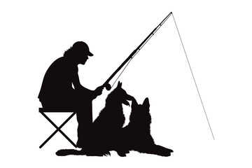 Vector silhouette of man fishing with his dog. Symbol of sport and nature.