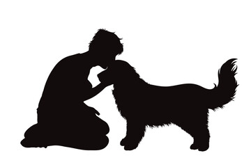 Vector silhouettes of boy with his dog on white background. Symbol of pet and canine.