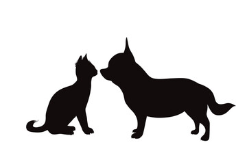 Vector silhouette of Chihuahua with cat on white background. Symbol of pet and dog.